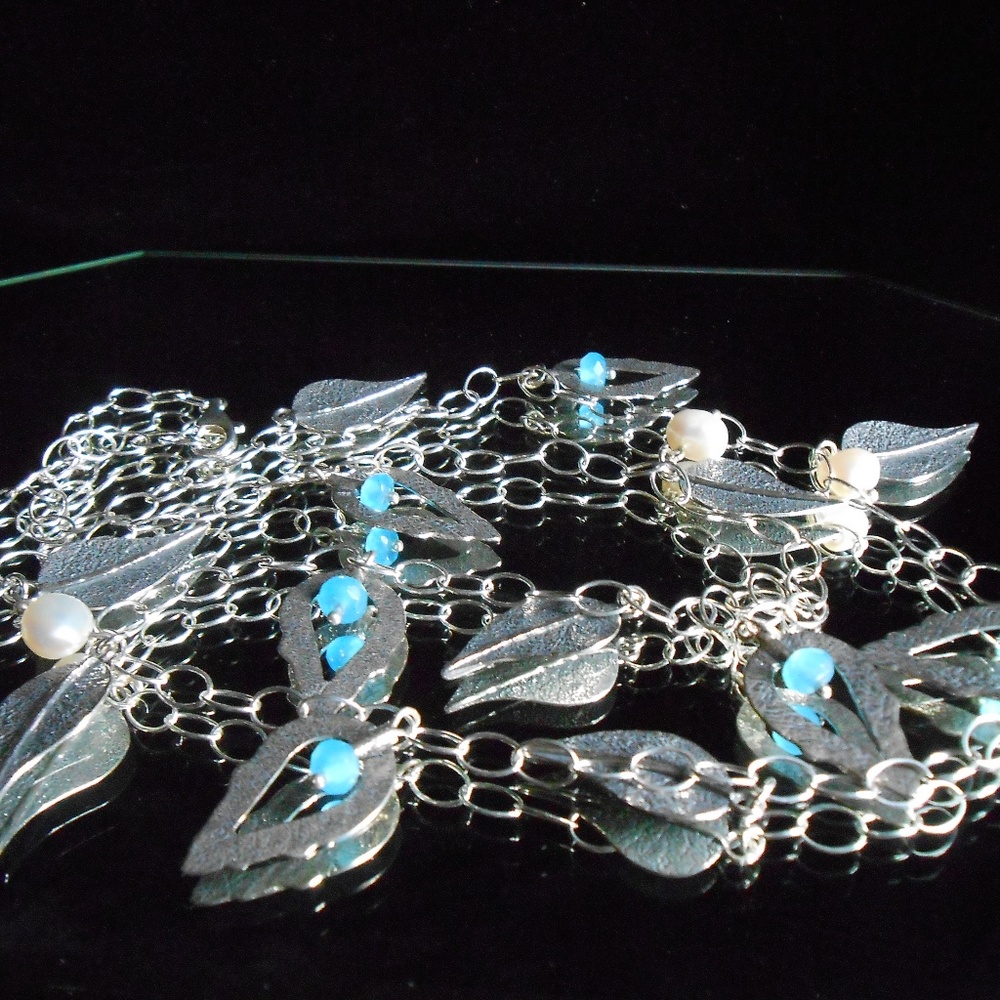 Silver Leaf Necklace Freshwater Cultured Pearls - Picture 6 of 6